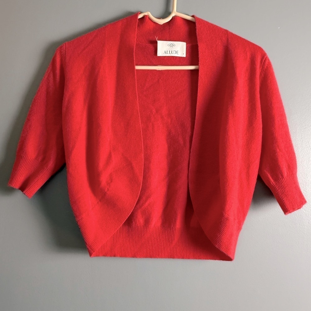Allude 100% Cashmere Open Front Half‎ Sleeve Shortie Cardigan Salmon Red-Orange